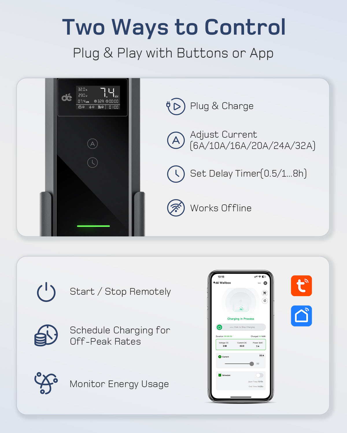 dé EV Charger 7kw type 2 with App & 32A to 13A Adapter