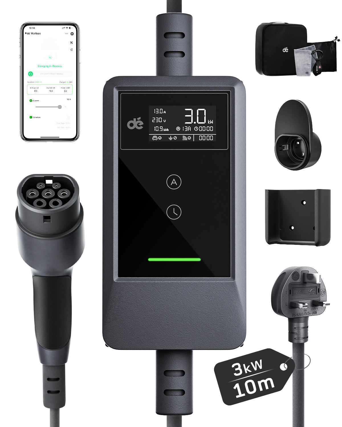 dé EV Charger 3 Pin Plug 10m with App