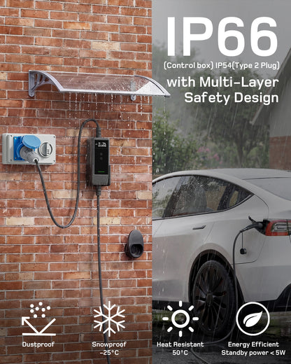 dé EV Charger 7kw type 2 with App & 32A to 13A Adapter