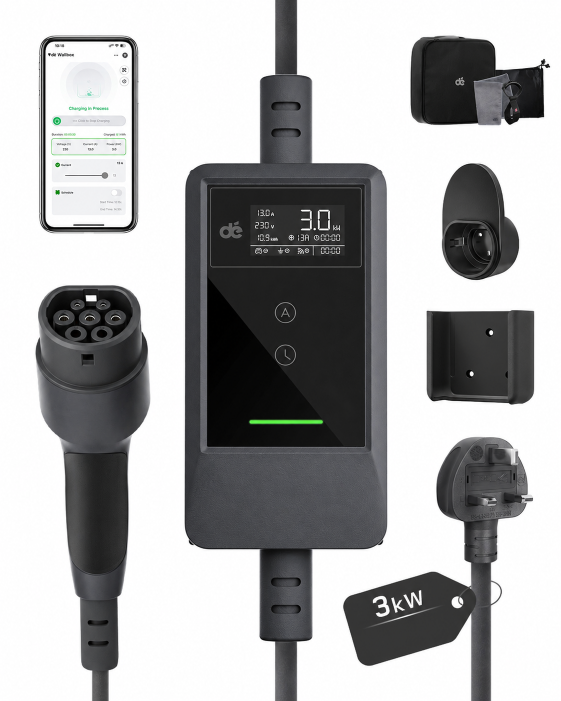 dé EV Charger 3 Pin Plug 10m with App