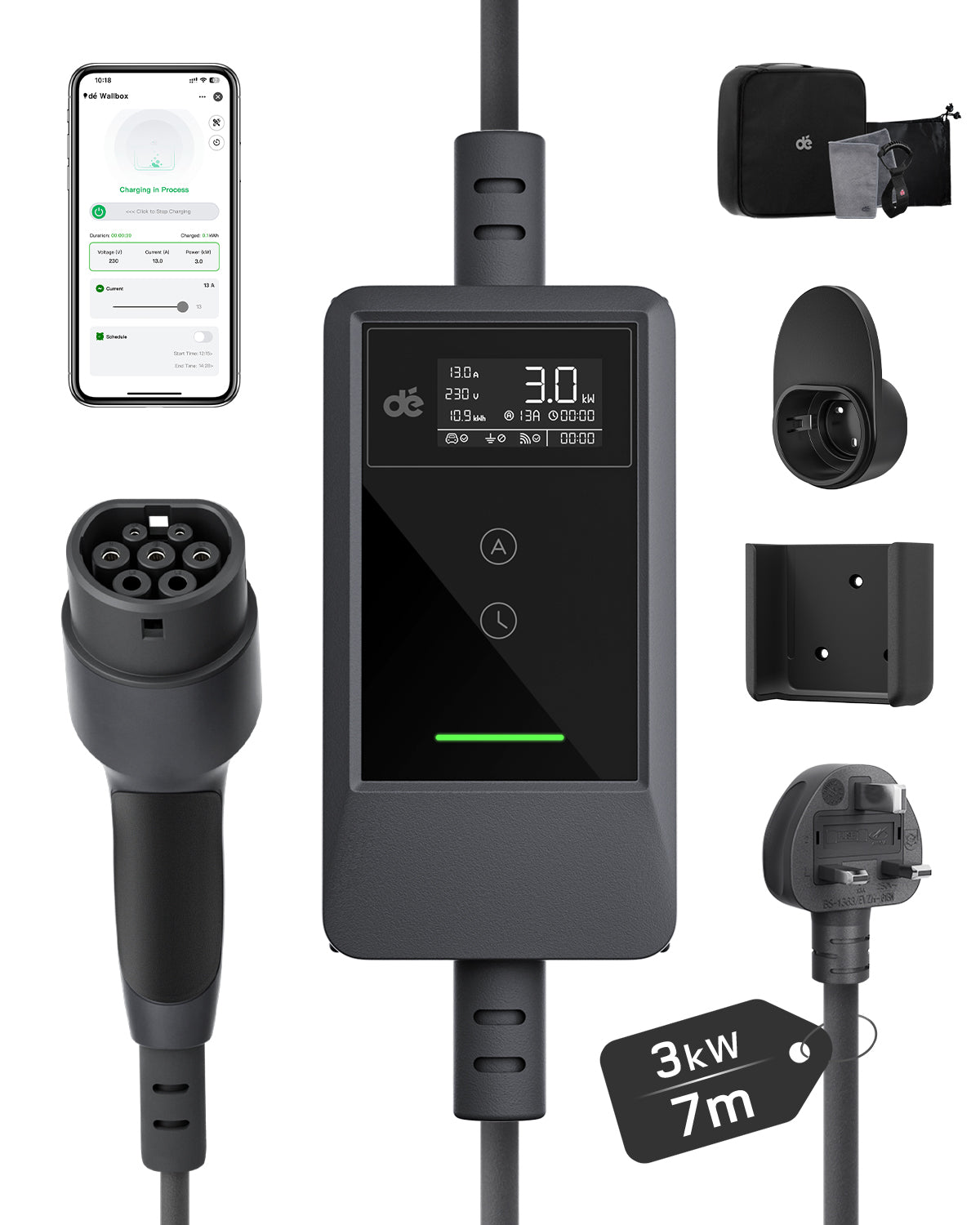dé EV Charger 3 Pin Plug 10m with App